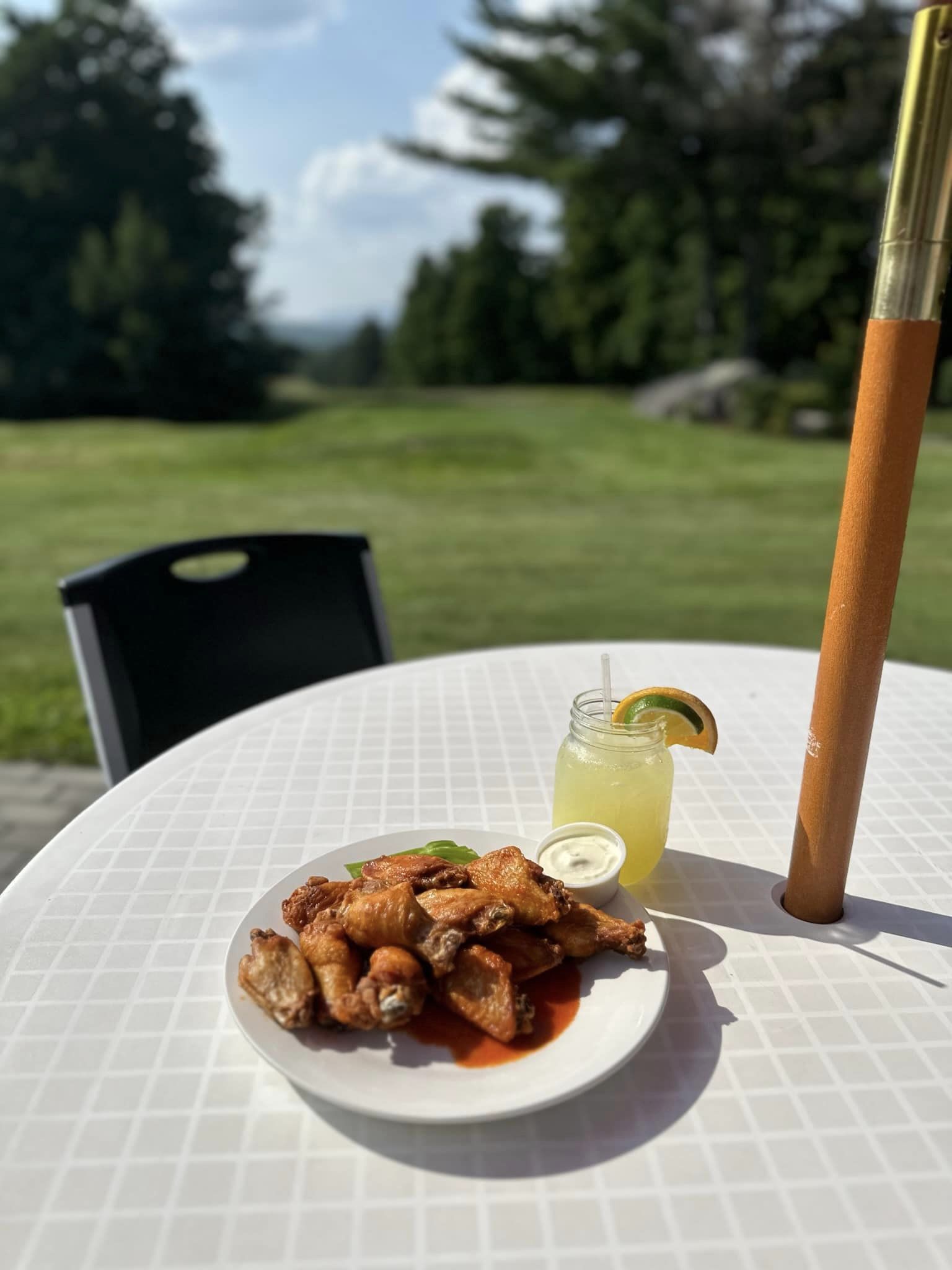 Wings on the porch at the clubhouse