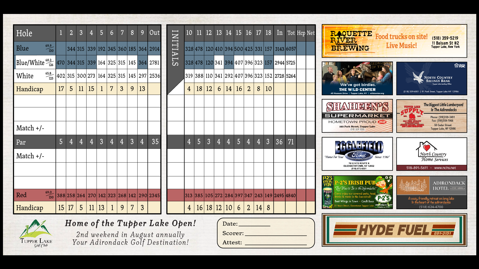 Tupper Lake Golf Club Scorecard — Back