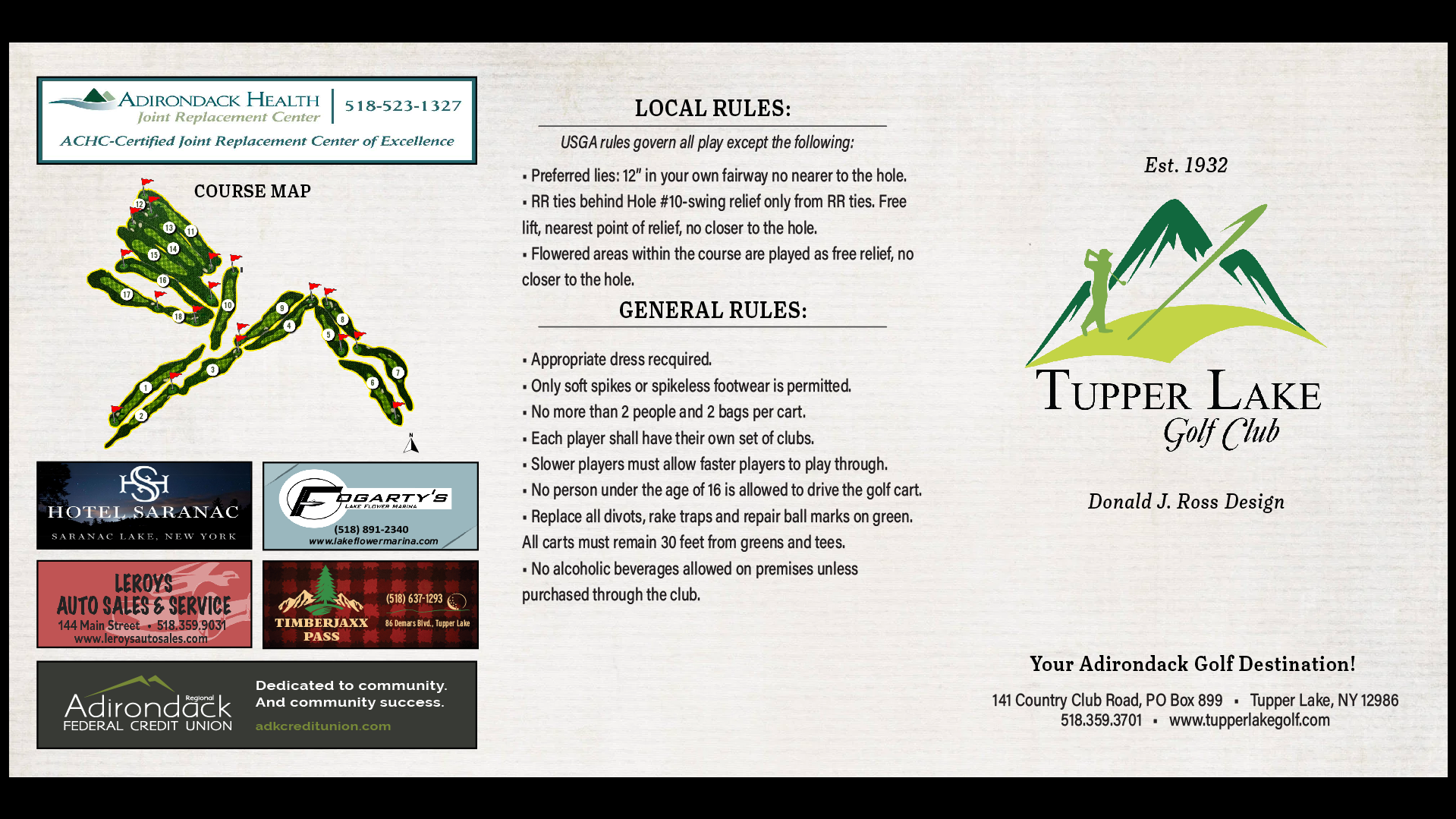 Tupper Lake Golf Club Scorecard — Front
